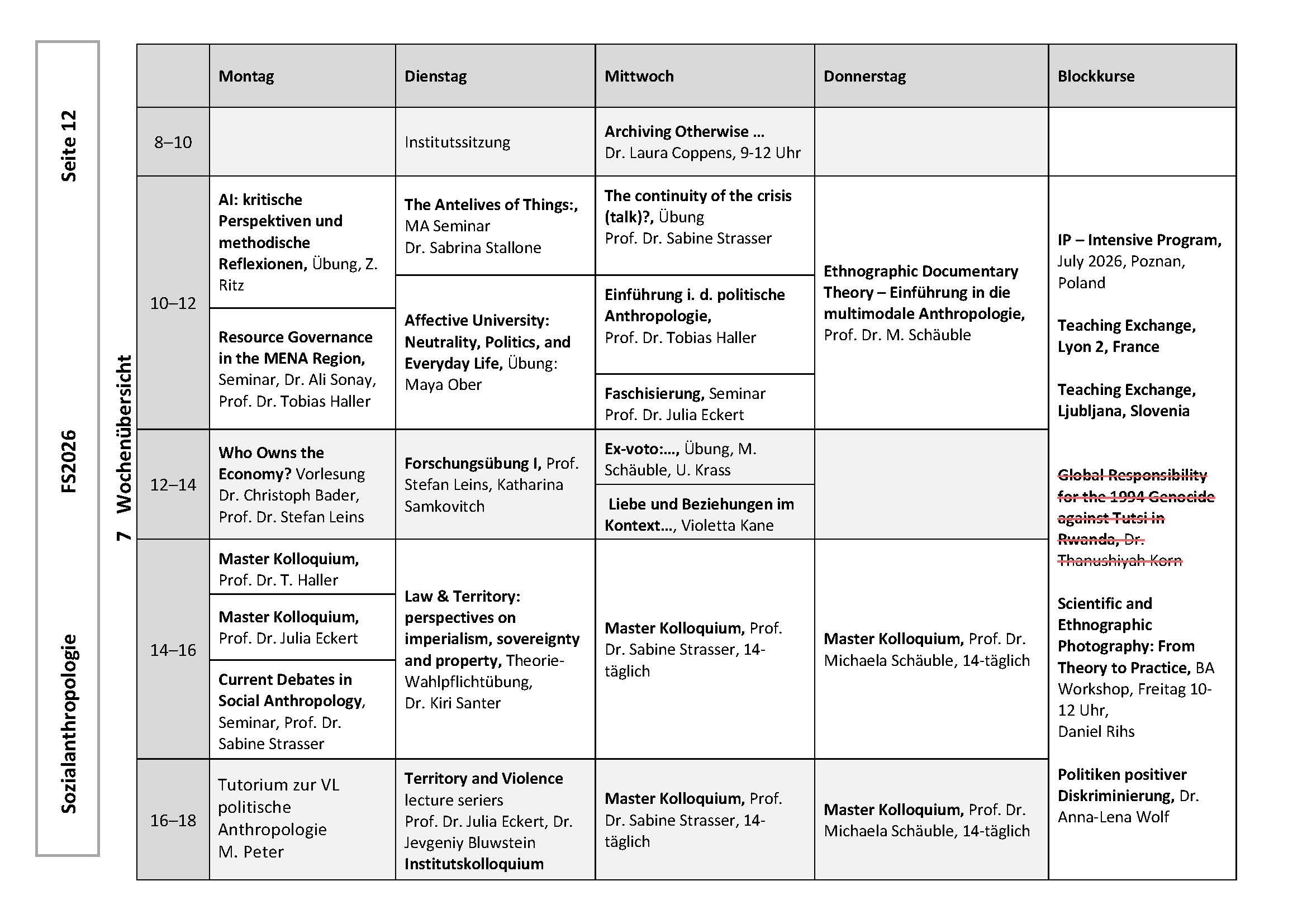 Tabellarische Wochenübersicht im FS2026